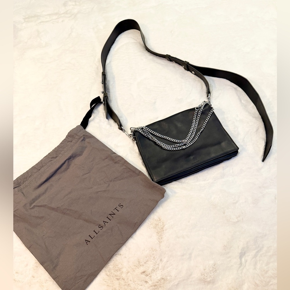 All Saints Black Crossbody Bag with Silver Chain